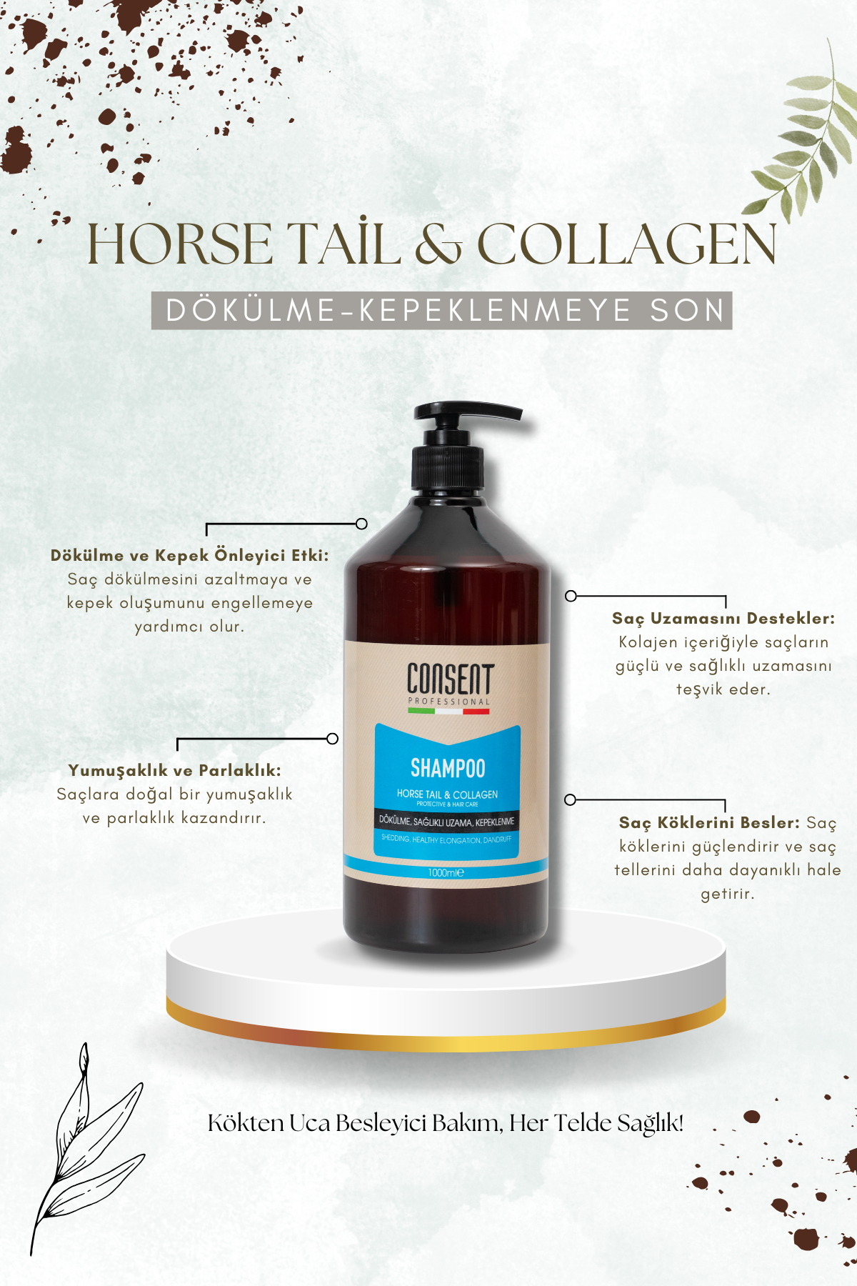 HORSE TAIL & COLLAGEN SHAMPOO 1000 ML (DÖKÜLME,KEPEKLENME & SAĞLIKLI UZAMA )